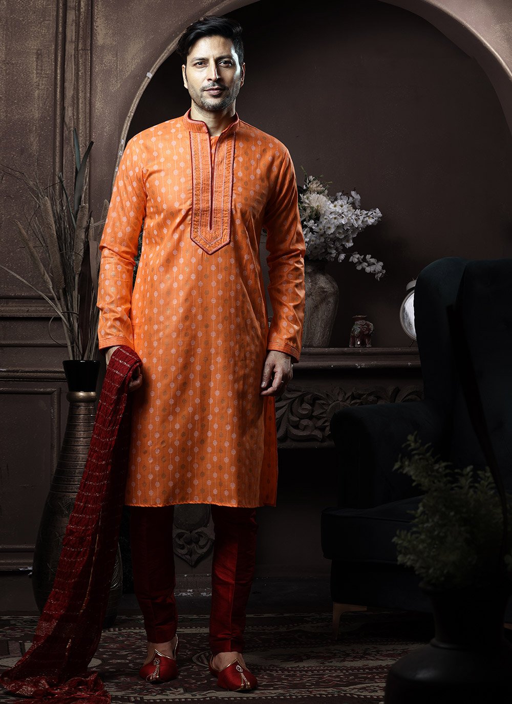 Kurta Pyjama Cotton Orange Print Mens