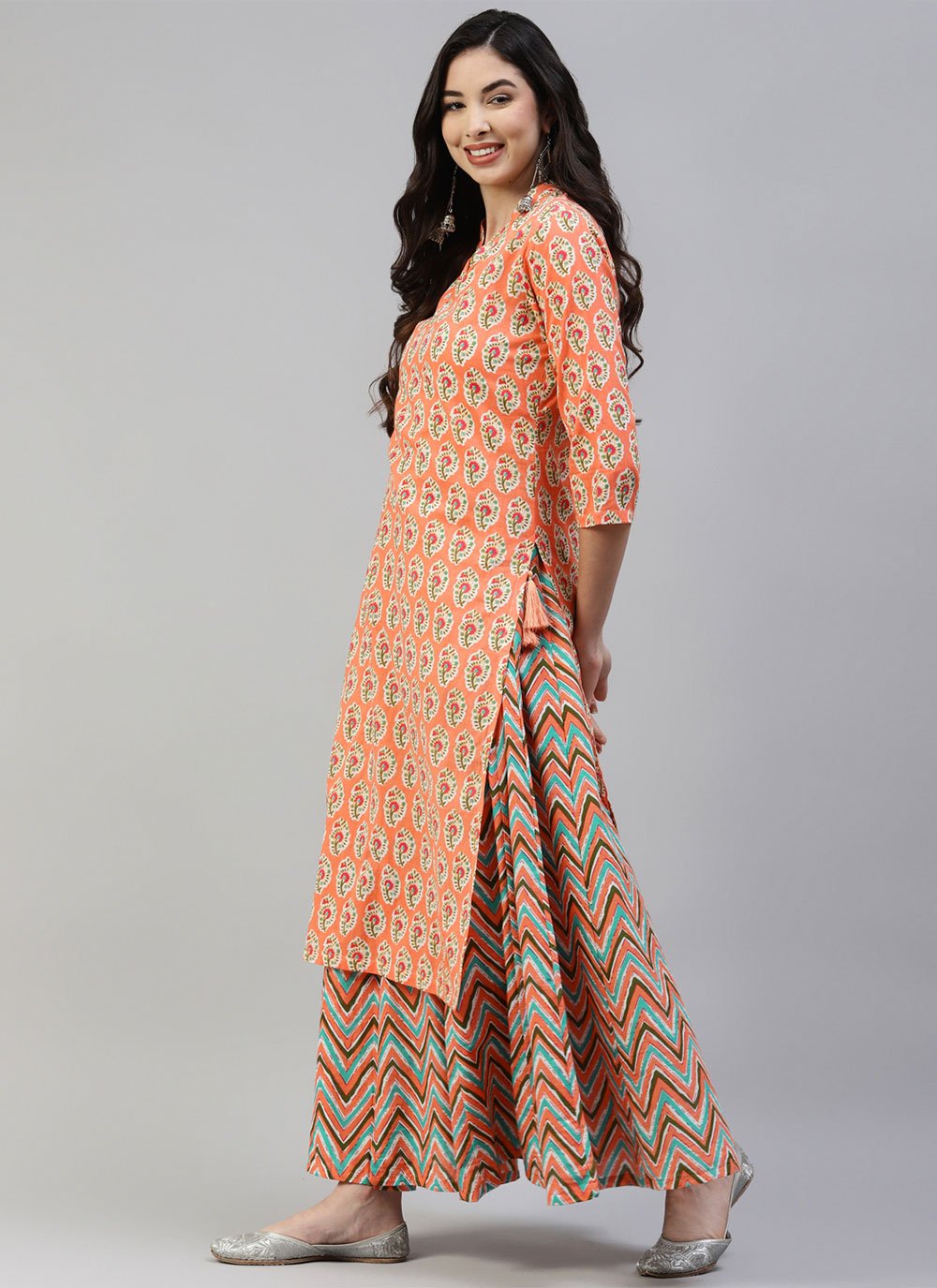 Party Wear Kurti Cotton Peach Print Kurtis