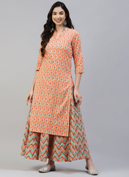 Party Wear Kurti Cotton Peach Print Kurtis