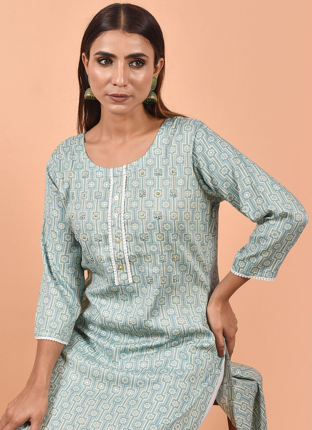 Party Wear Kurti Cotton Blue Print Kurtis