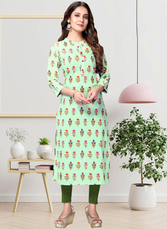 Party Wear Kurti Cotton Sea Green Print Kurtis