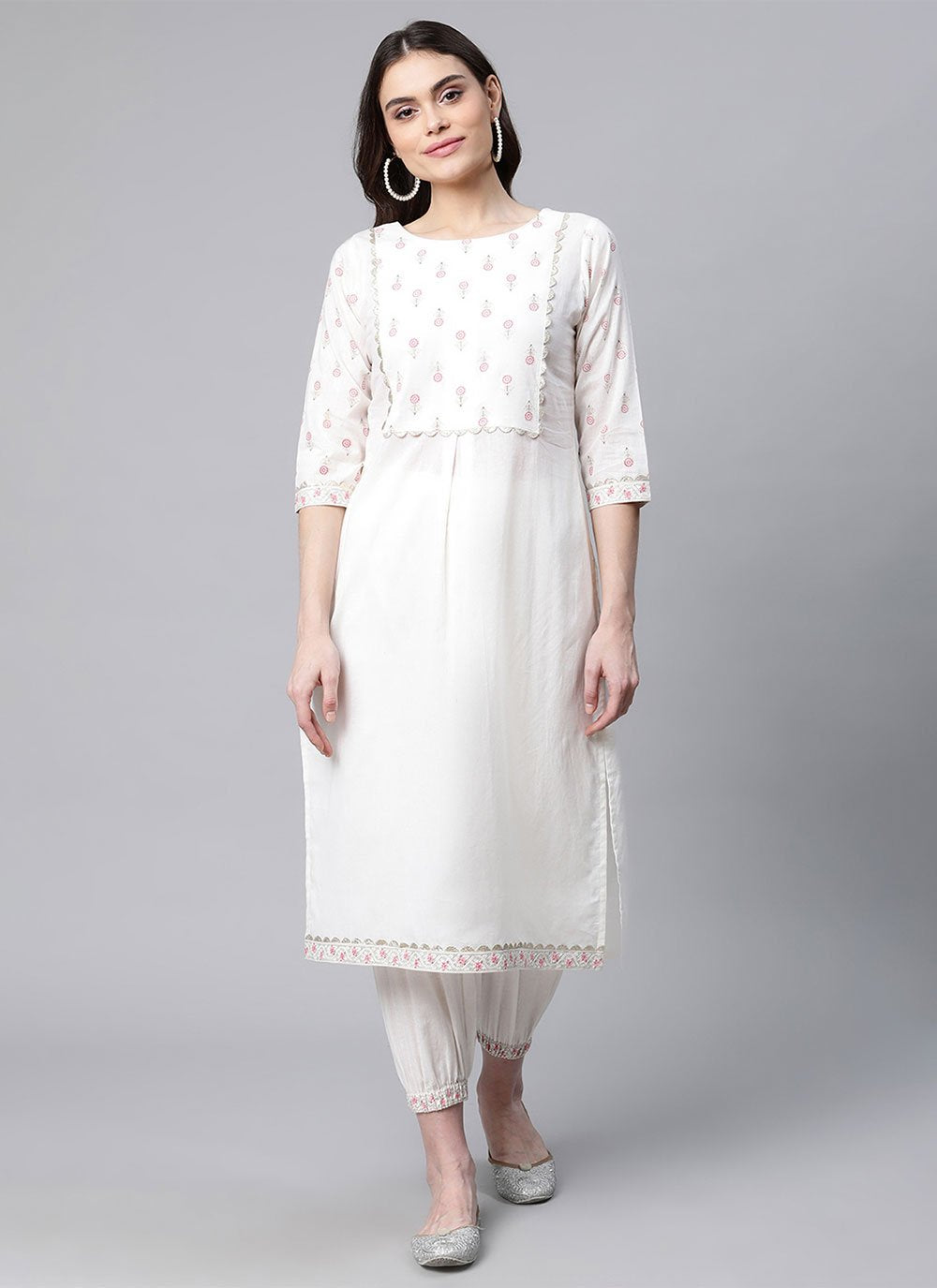 Party Wear Kurti Cotton White Print Kurtis