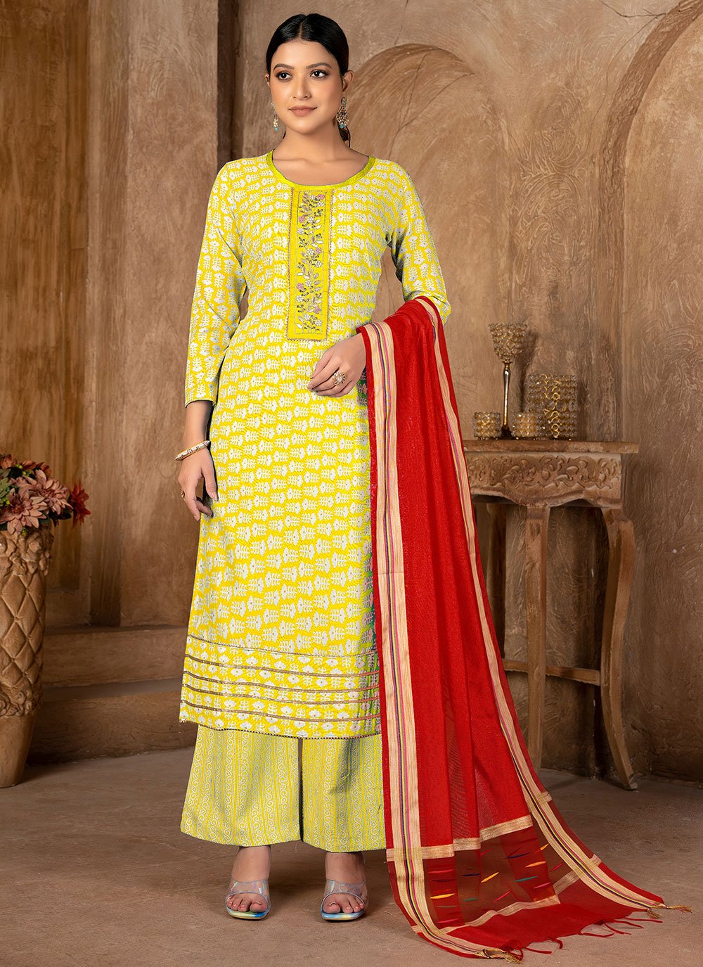 Salwar Suit Cotton Yellow Print Salwar Kameez