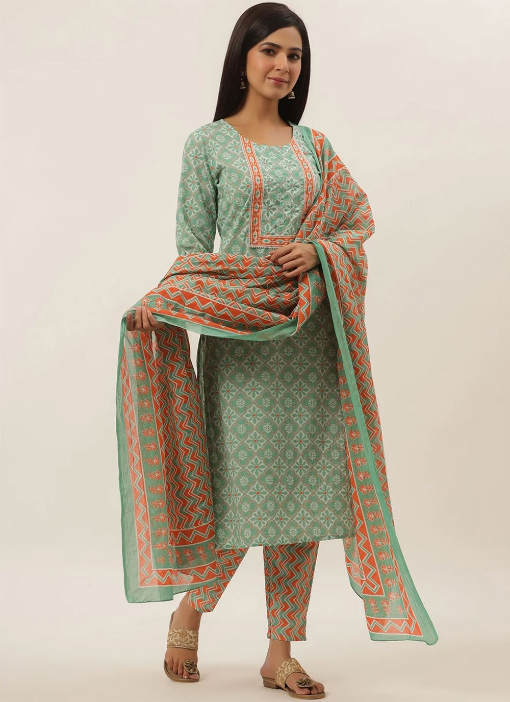 Salwar Suit Cotton Sea Green Print Salwar Kameez