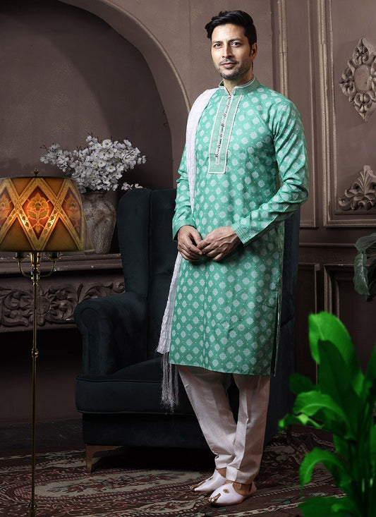 Kurta Pyjama Cotton Turquoise Print Mens