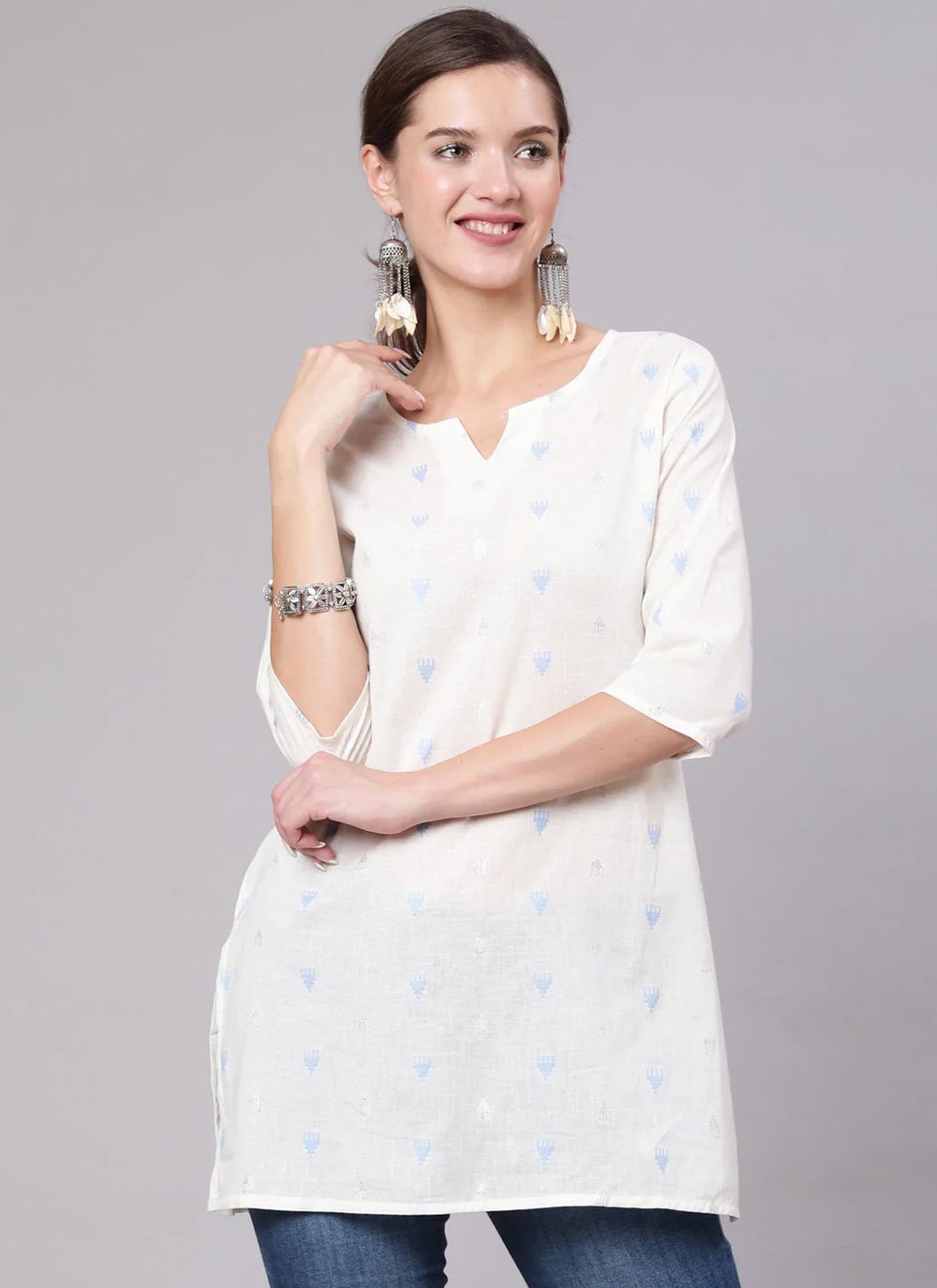 Designer Kurti Cotton White Print Kurtis