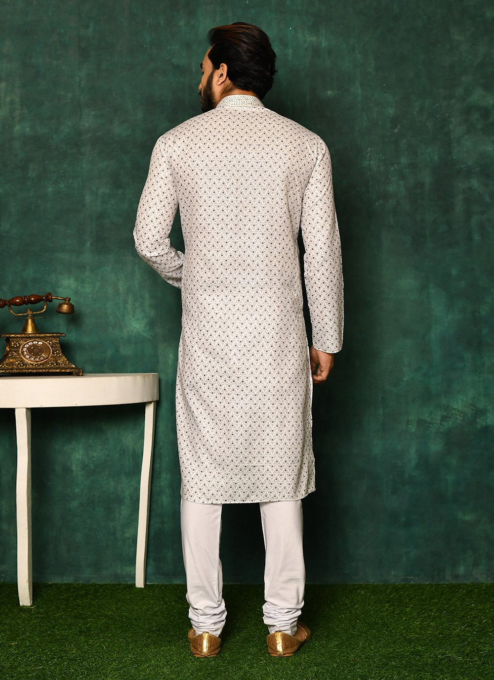 Kurta Pyjama Cotton White Print Mens