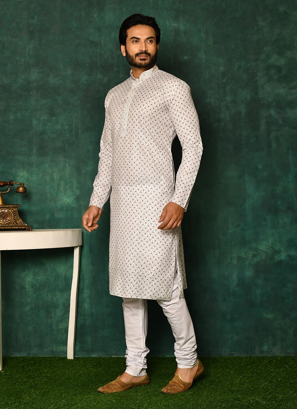 Kurta Pyjama Cotton White Print Mens