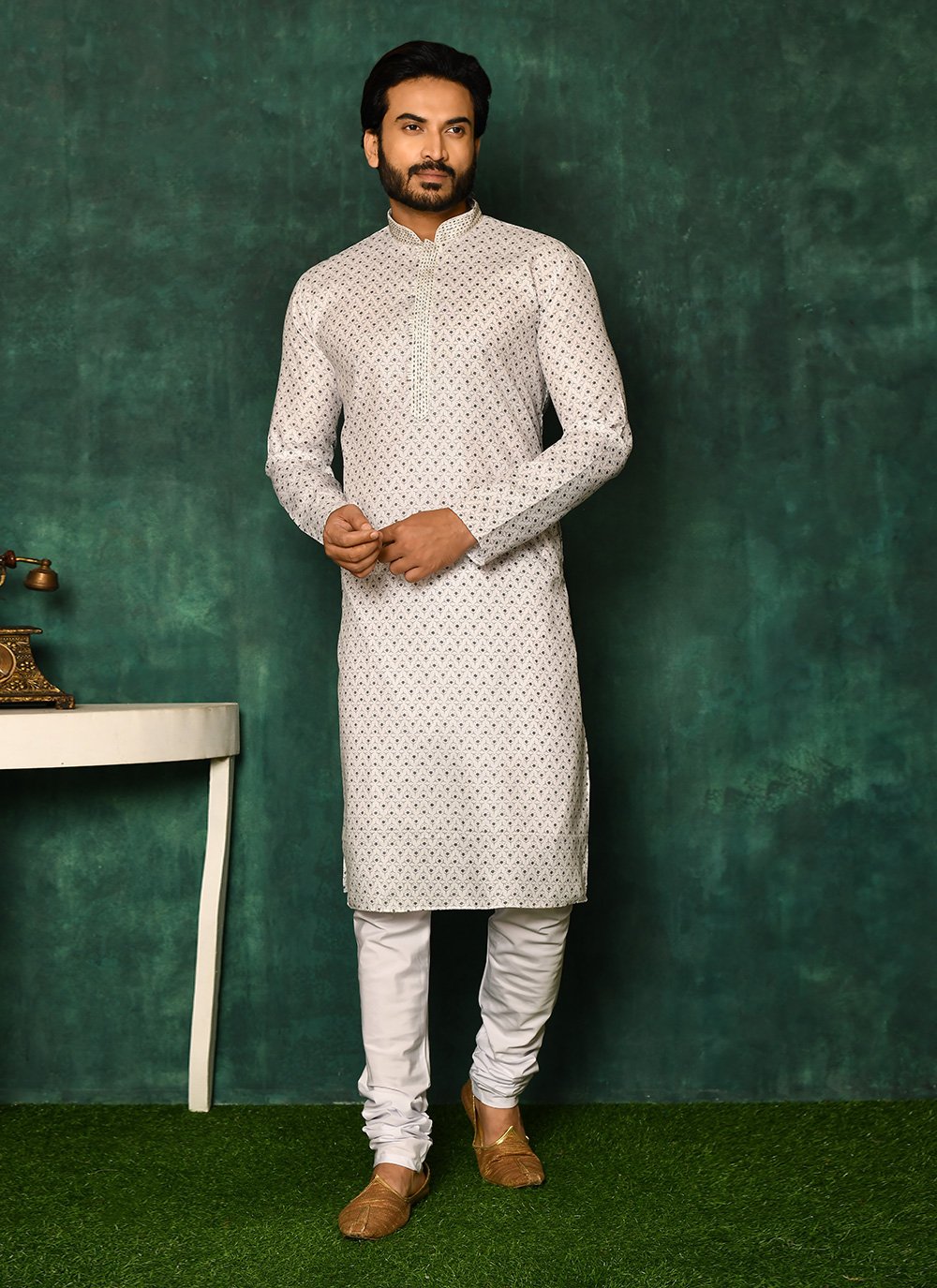 Kurta Pyjama Cotton White Print Mens