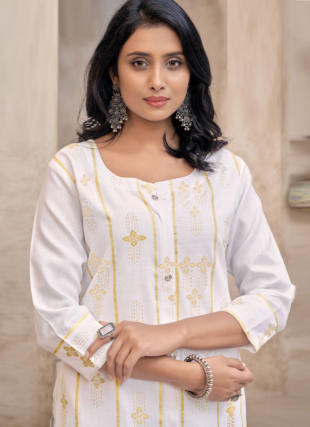 Party Wear Kurti Cotton White Print Kurtis