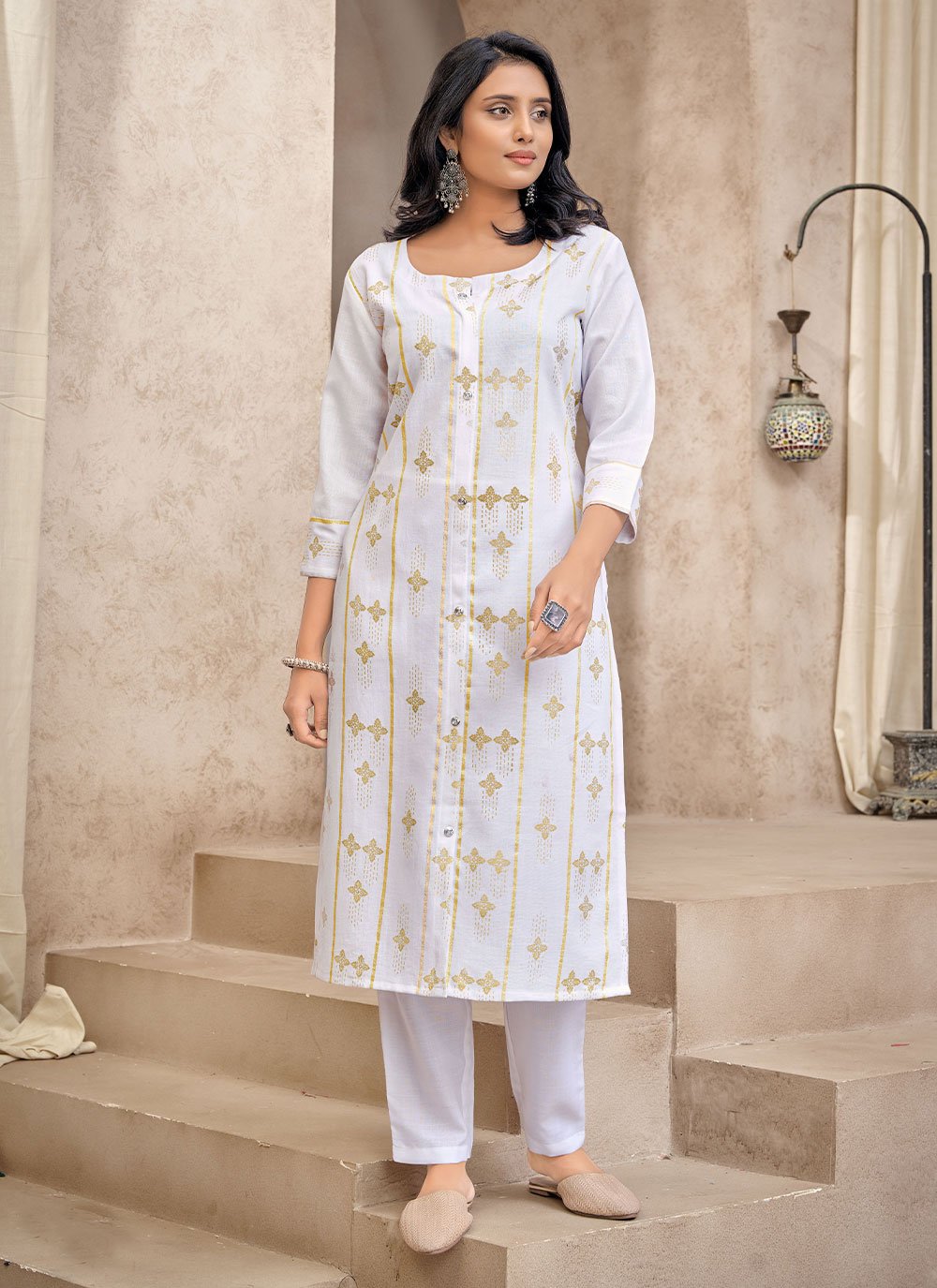 Party Wear Kurti Cotton White Print Kurtis