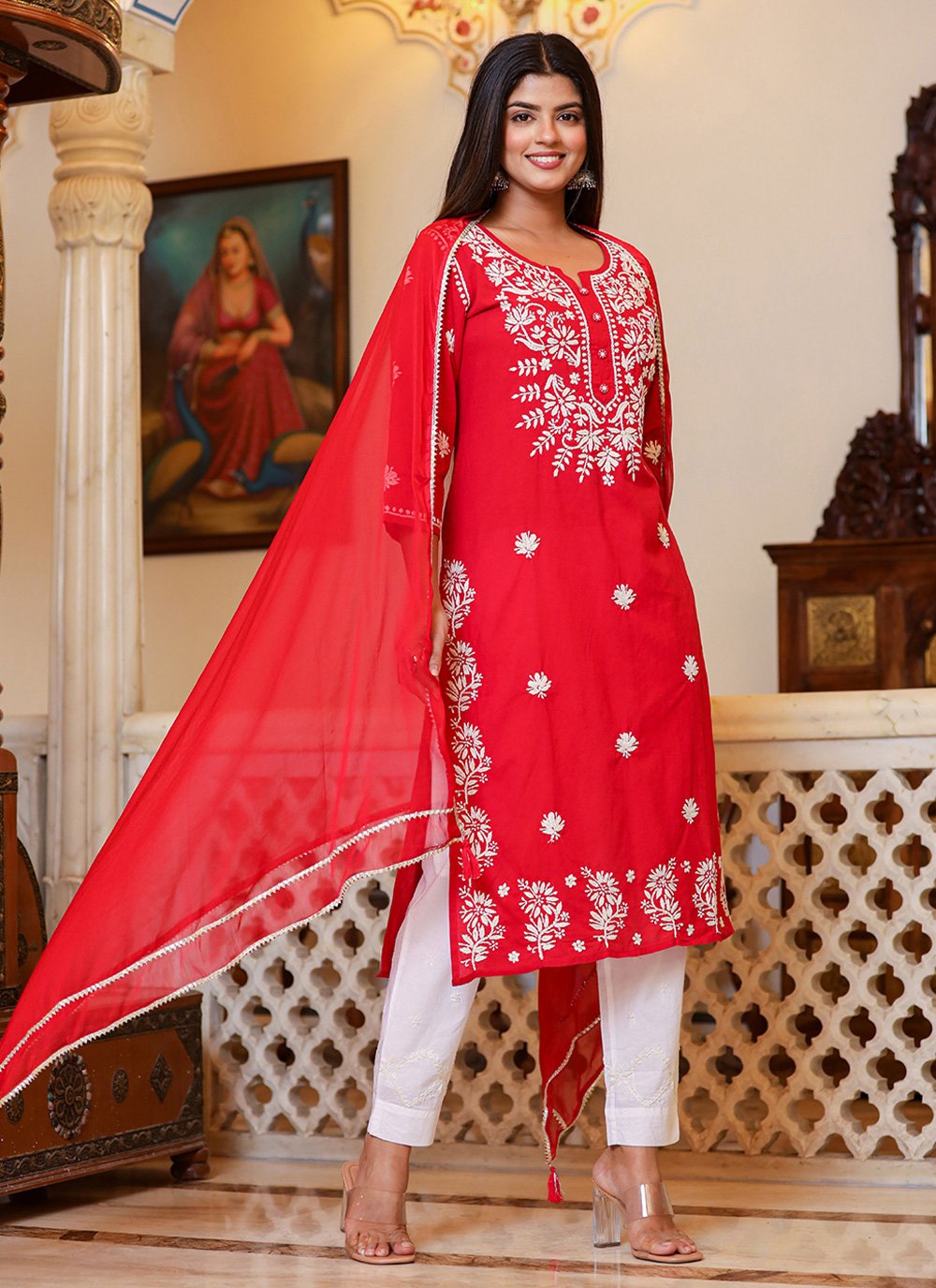 Anarkali Suit Cotton Red Lucknowi Work Salwar Kameez