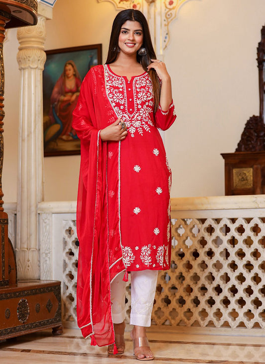 Anarkali Suit Cotton Red Lucknowi Work Salwar Kameez
