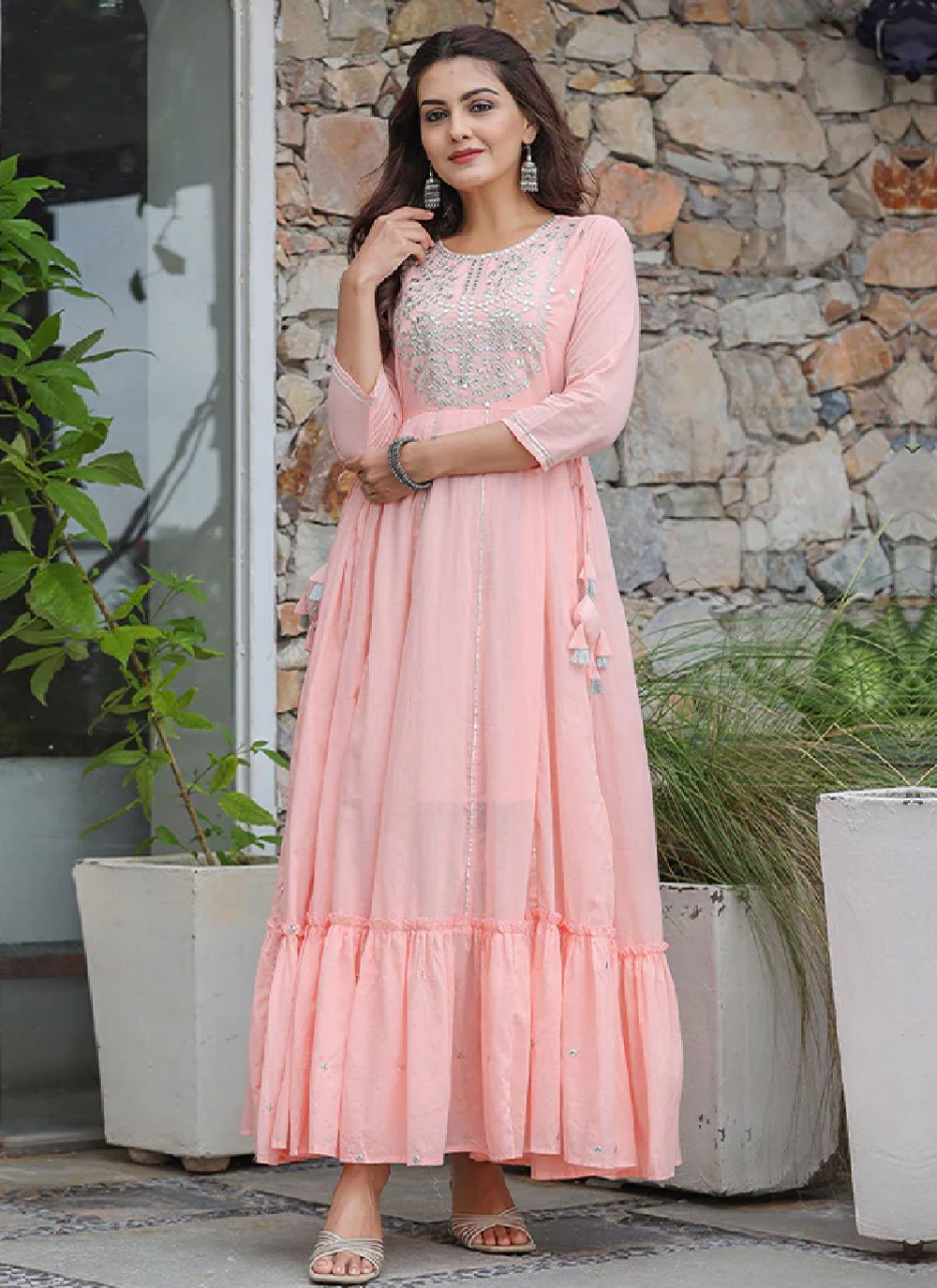 Gown Cotton Pink Embroidered Gown