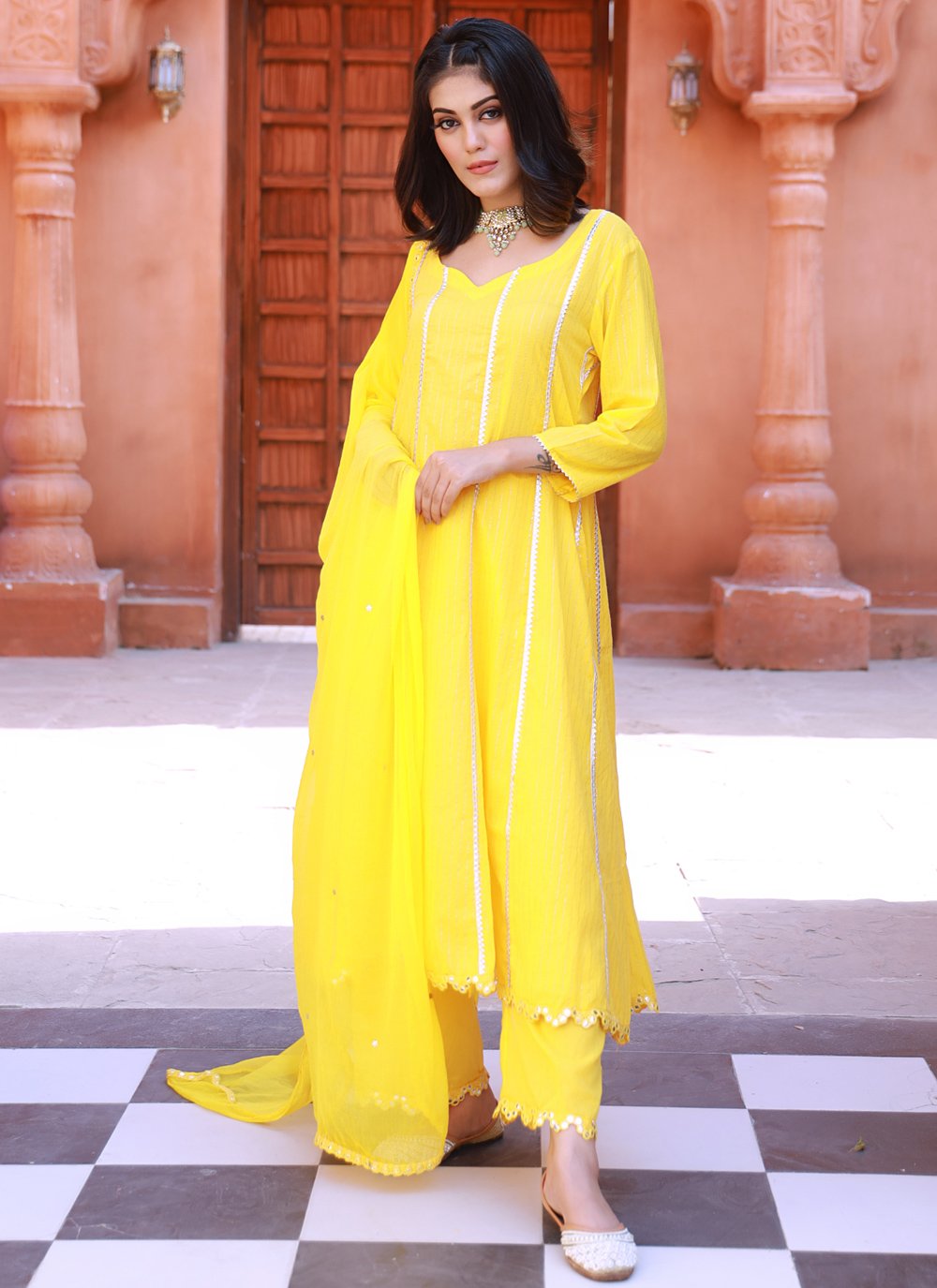 Salwar Suit Cotton Yellow Fancy Work Salwar Kameez