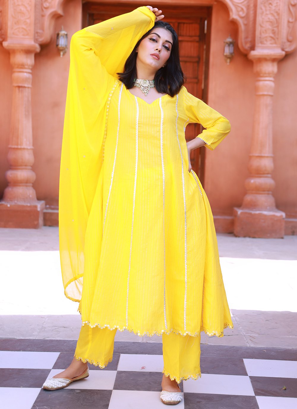 Salwar Suit Cotton Yellow Fancy Work Salwar Kameez