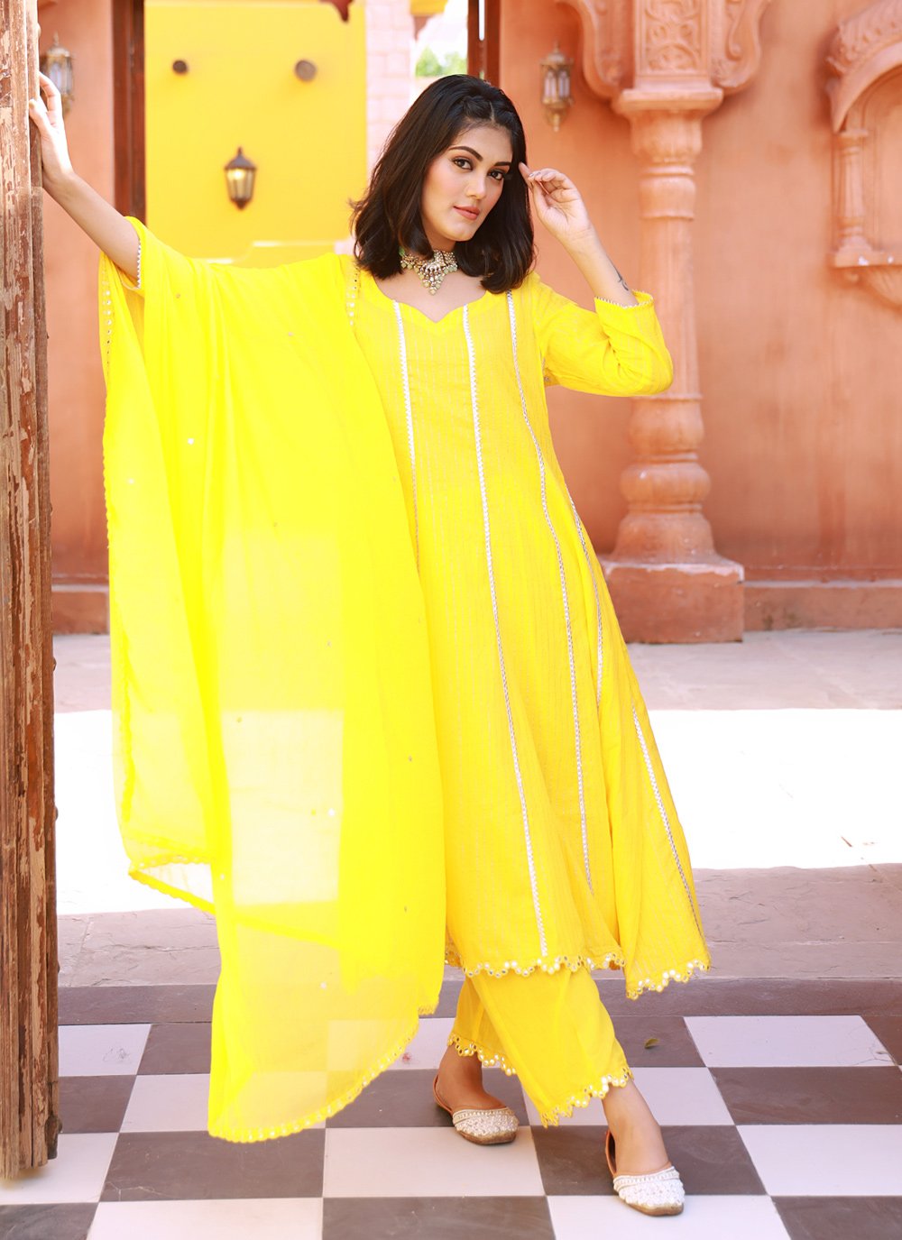 Salwar Suit Cotton Yellow Fancy Work Salwar Kameez