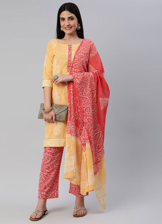 Salwar Suit Cotton Peach Yellow Block Print Salwar Kameez