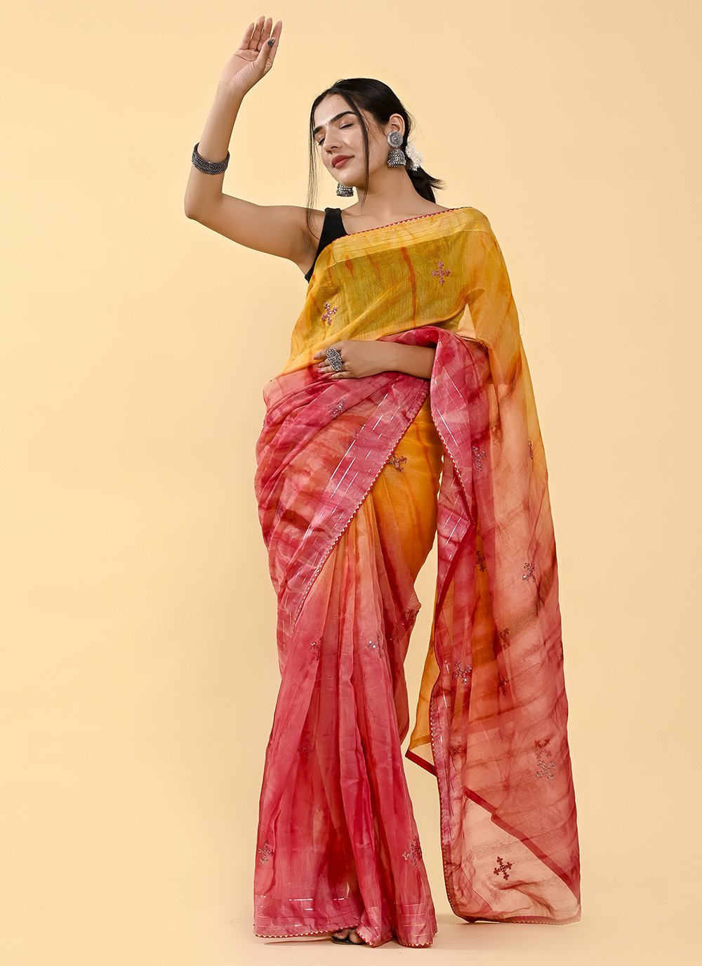 Shaded Saree Cotton Red Yellow Lace Saree