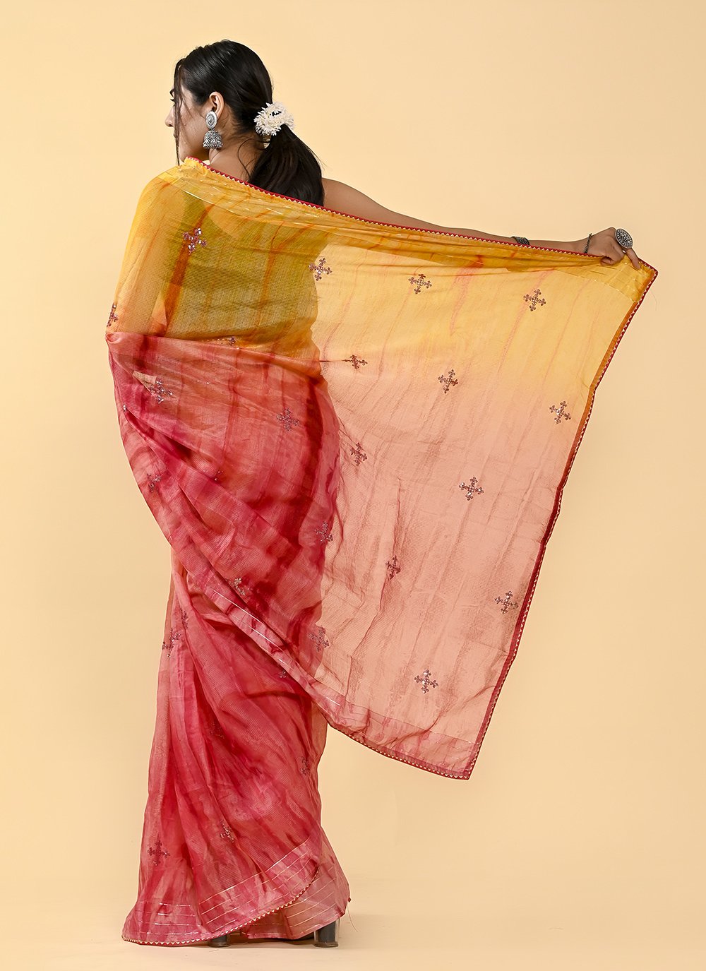 Shaded Saree Cotton Red Yellow Lace Saree