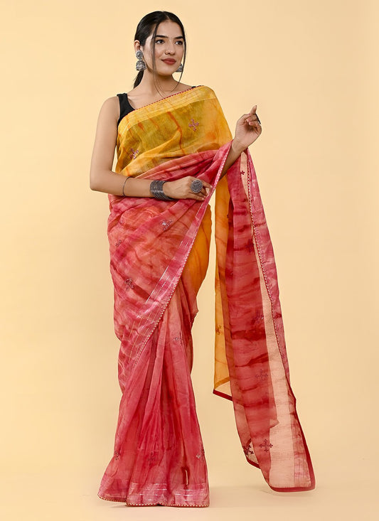 Shaded Saree Cotton Red Yellow Lace Saree