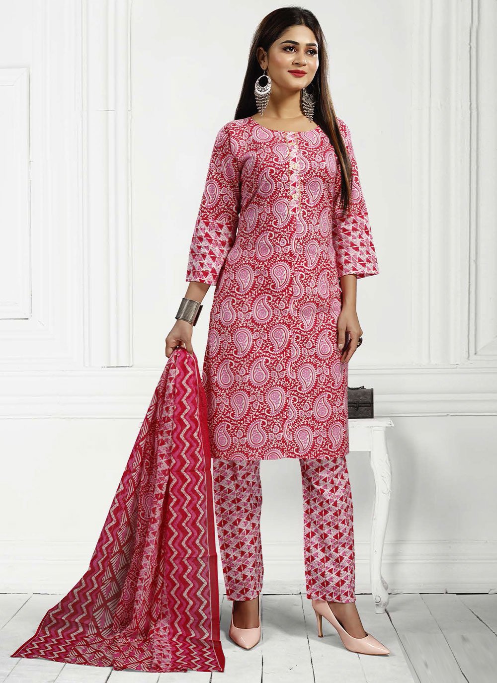 Salwar Suit Cotton Red Print Salwar Kameez