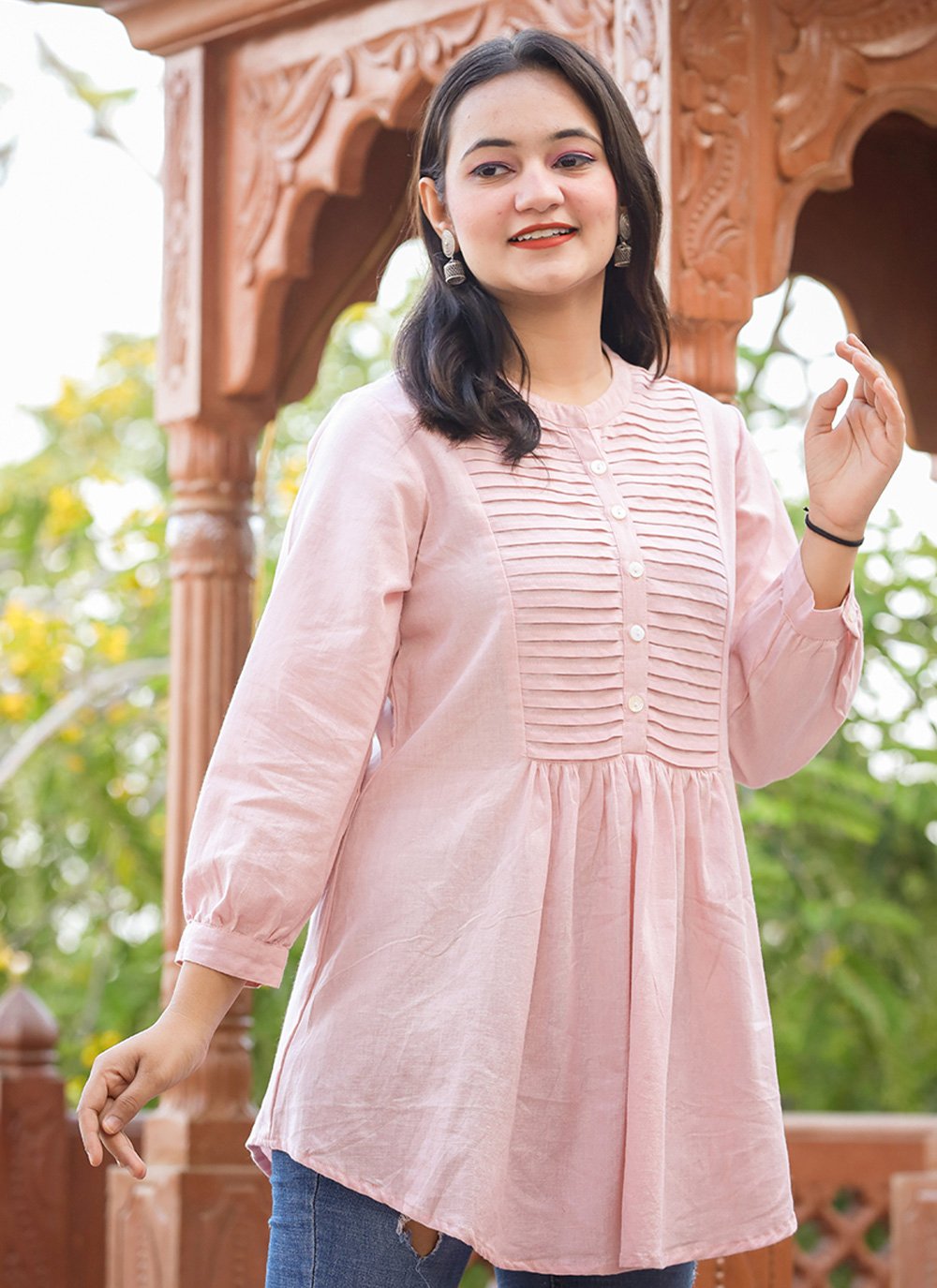 Designer Kurti Cotton Pink Buttons Kurtis