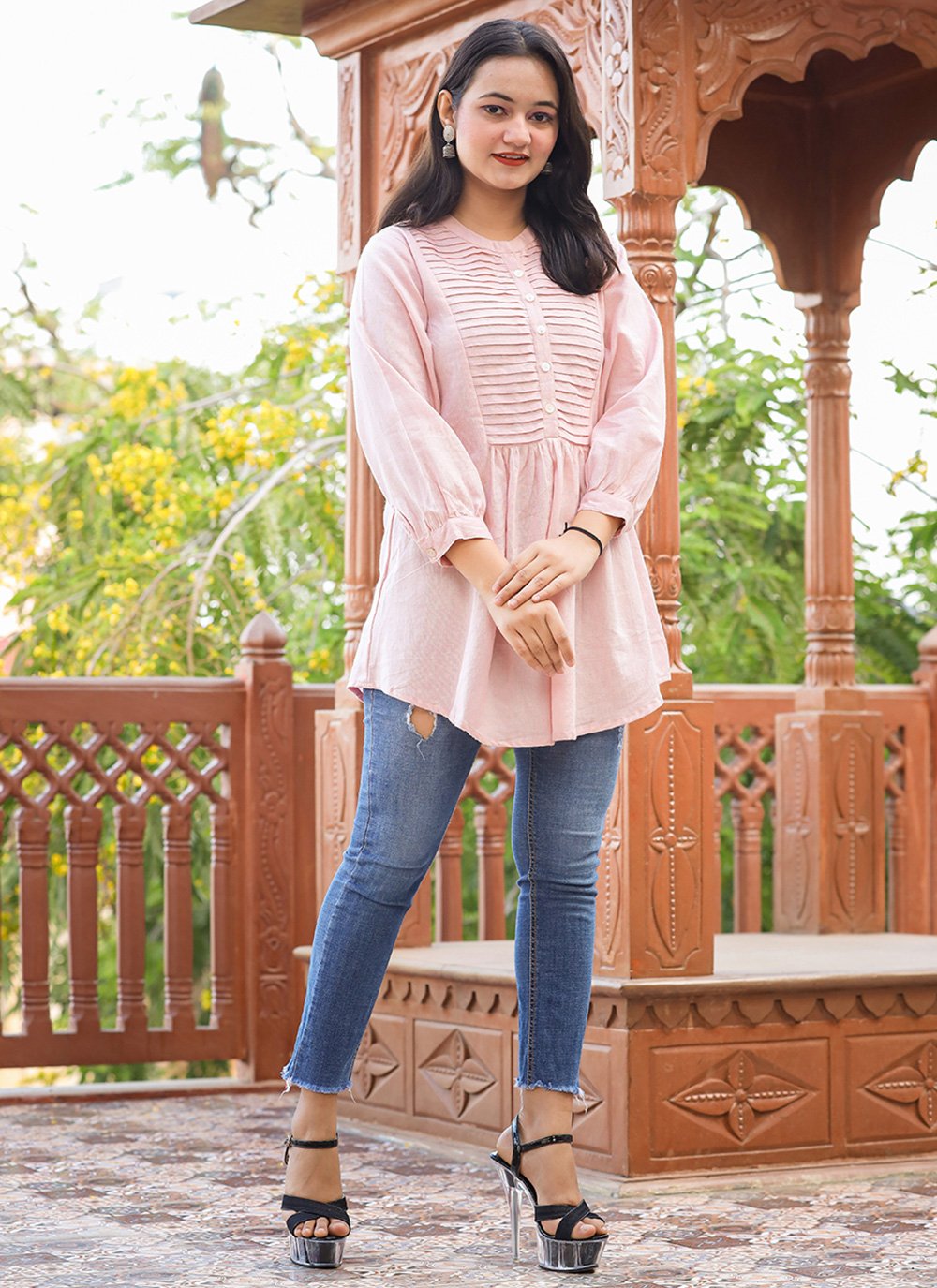 Designer Kurti Cotton Pink Buttons Kurtis