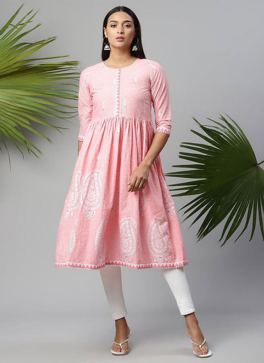 Casual Kurti Cotton Pink Print Kurtis