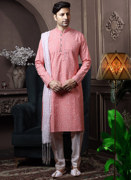 Kurta Pyjama Cotton Pink Print Mens