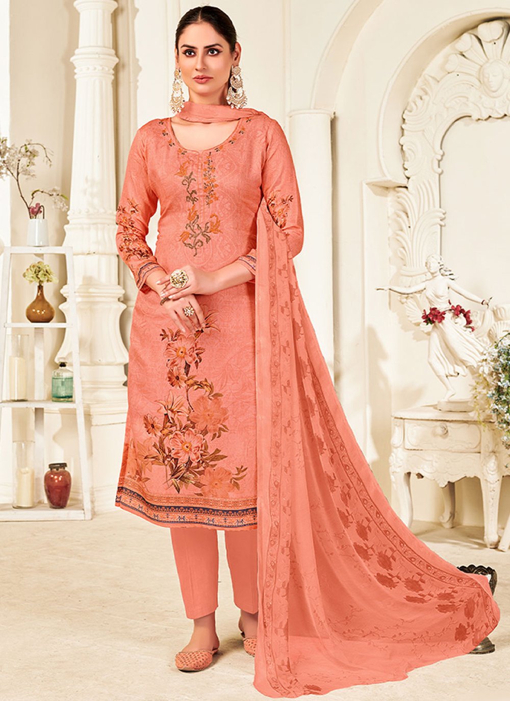 Salwar Suit Cotton Peach Embroidered Salwar Kameez