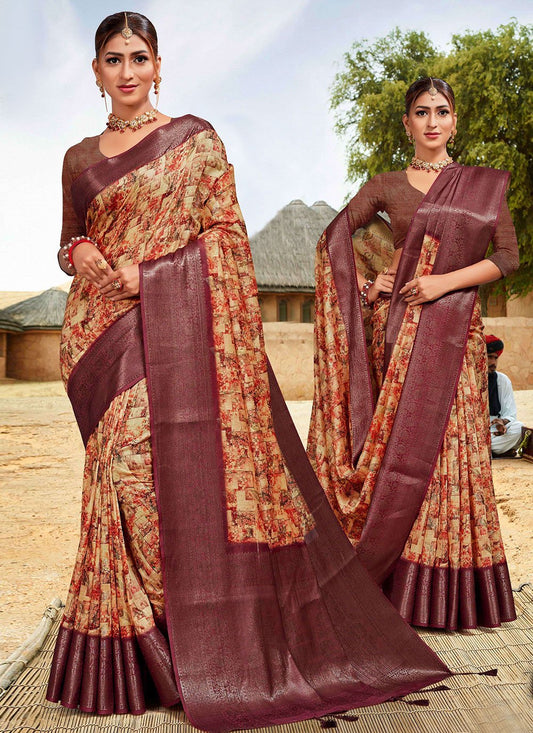 Classic Banarasi Silk Cotton Magenta Digital Print Saree