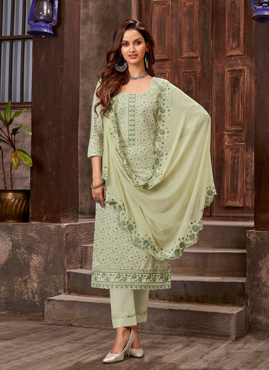 Pant Style Suit Cotton Satin Green Embroidered Salwar Kameez