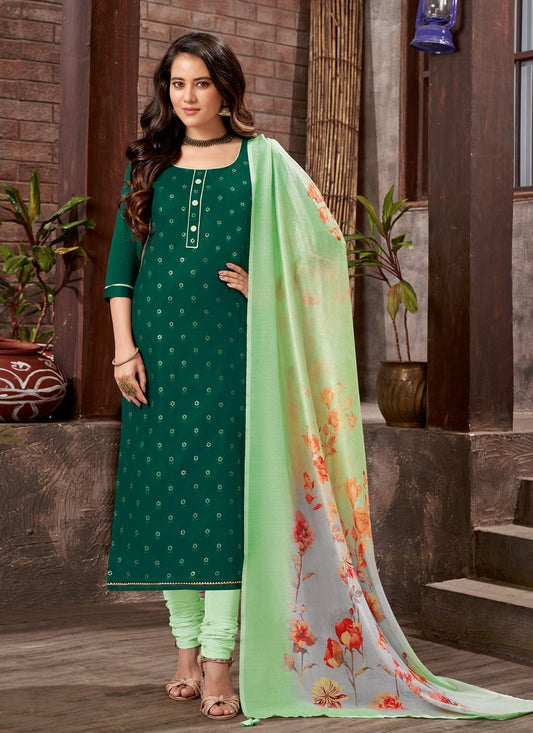 Churidar Suit Cotton Satin Green Embroidered Salwar Kameez