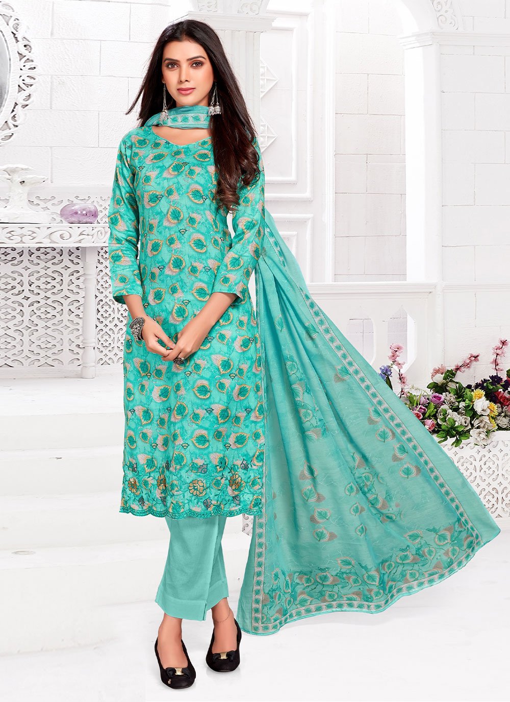 Salwar Suit Cotton Satin Green Print Salwar Kameez