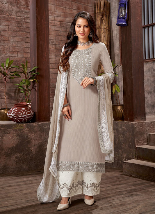 Palazzo Salwar Suit Cotton Satin Grey Embroidered Salwar Kameez