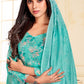 Pant Style Suit Cotton Satin Turquoise Print Salwar Kameez