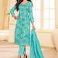 Pant Style Suit Cotton Satin Turquoise Print Salwar Kameez