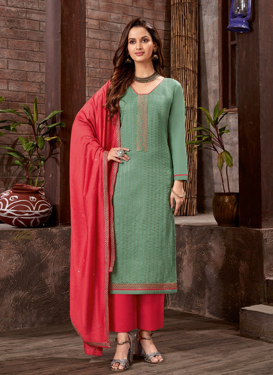 Pant Style Suit Cotton Satin Green Embroidered Salwar Kameez