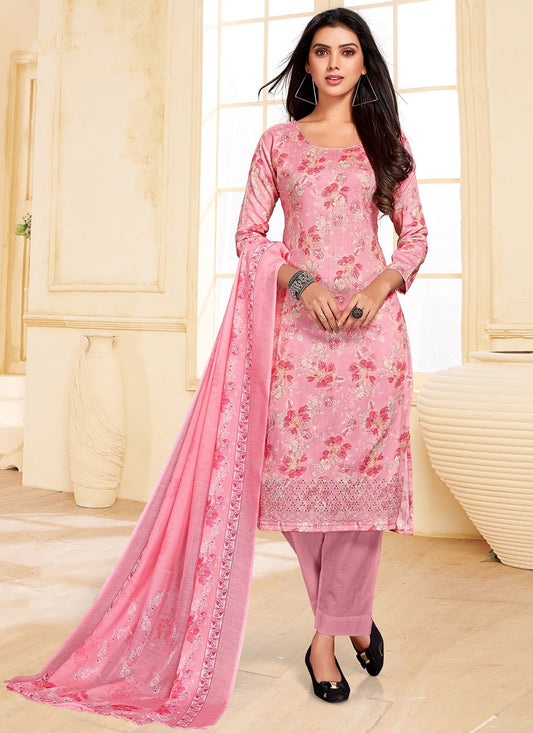 Pant Style Suit Cotton Satin Pink Print Salwar Kameez