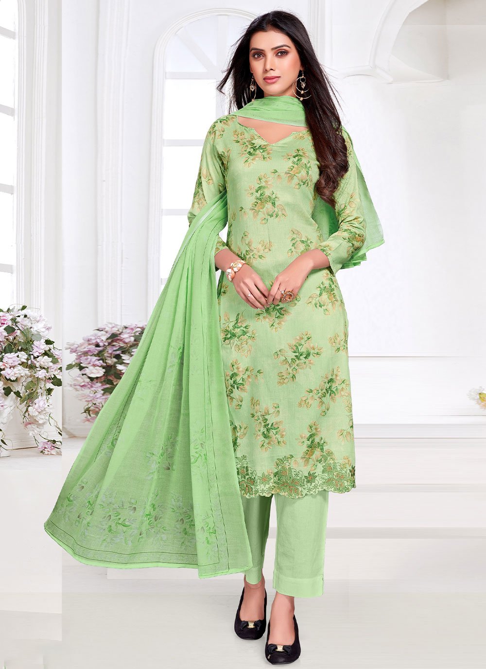 Salwar Suit Cotton Satin Green Floral Patch Salwar Kameez