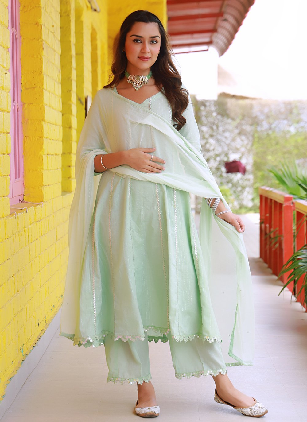 Salwar Suit Cotton Sea Green Fancy Work Salwar Kameez