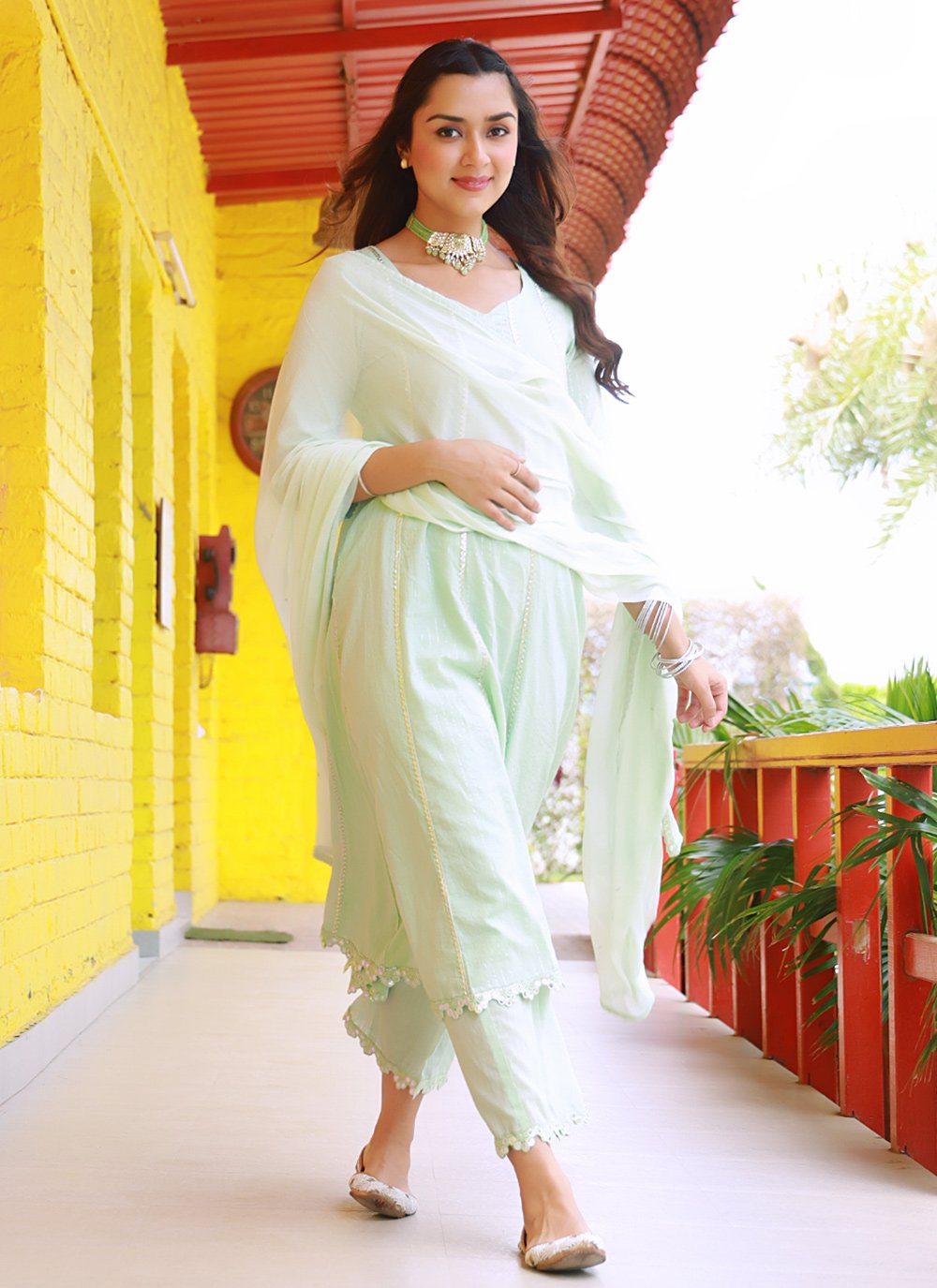 Salwar Suit Cotton Sea Green Fancy Work Salwar Kameez