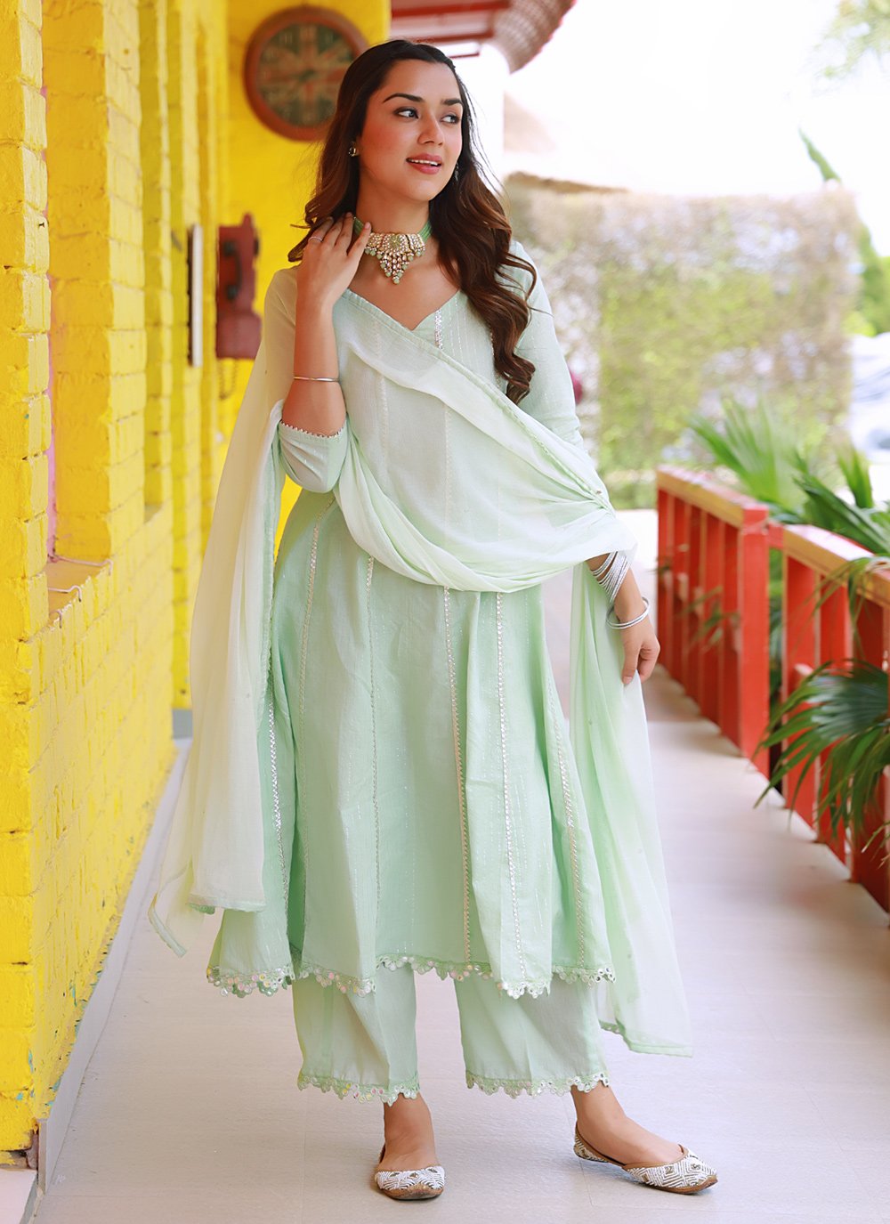 Salwar Suit Cotton Sea Green Fancy Work Salwar Kameez