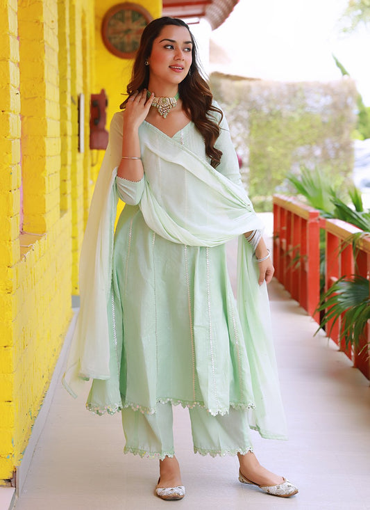 Salwar Suit Cotton Sea Green Fancy Work Salwar Kameez