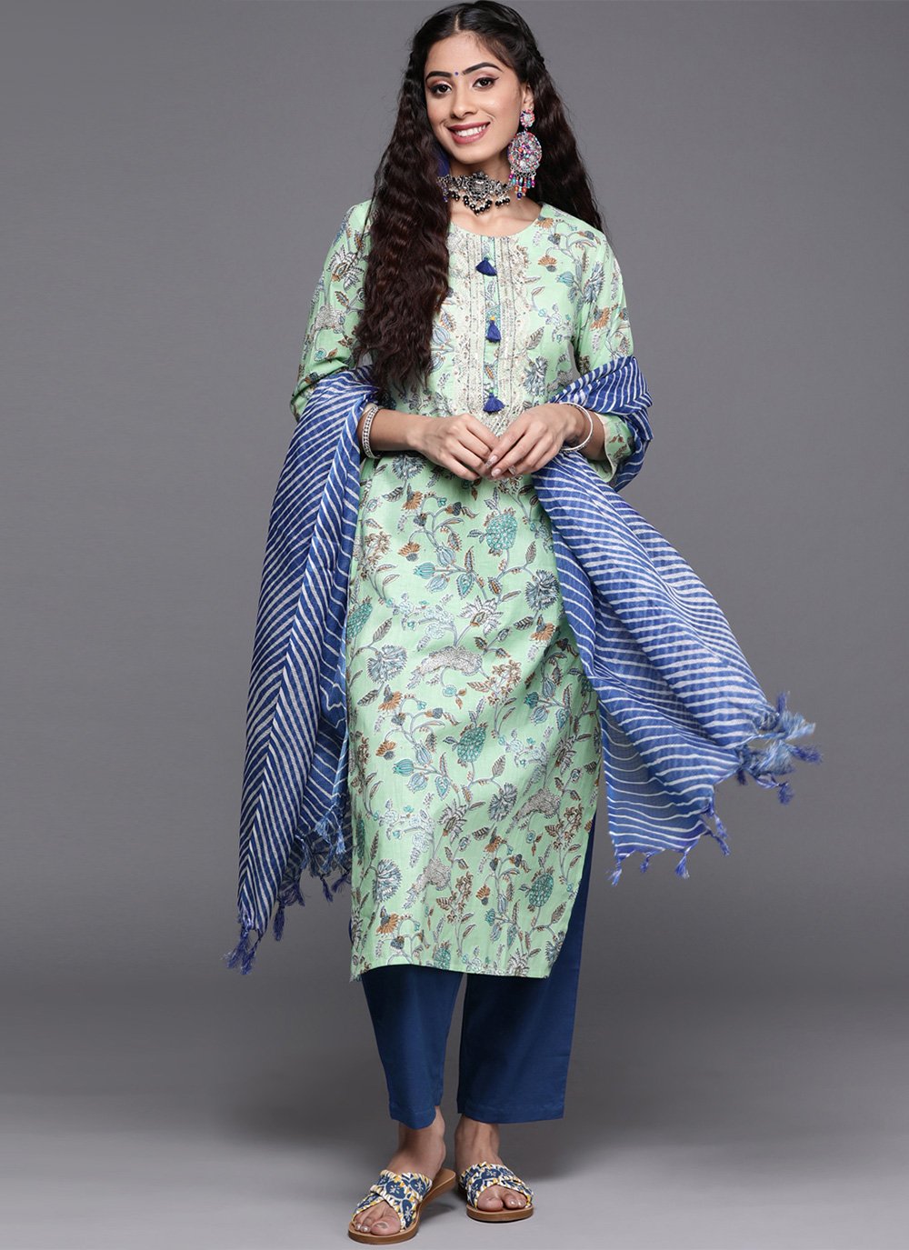 Salwar Suit Cotton Sea Green Print Salwar Kameez