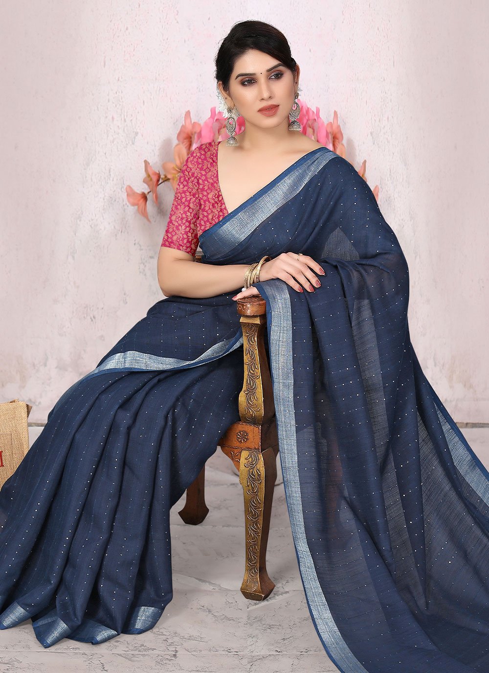 Classic Cotton Blue Plain Saree