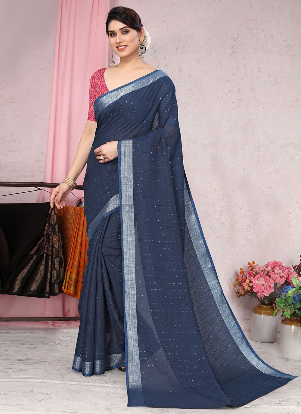 Classic Cotton Blue Plain Saree