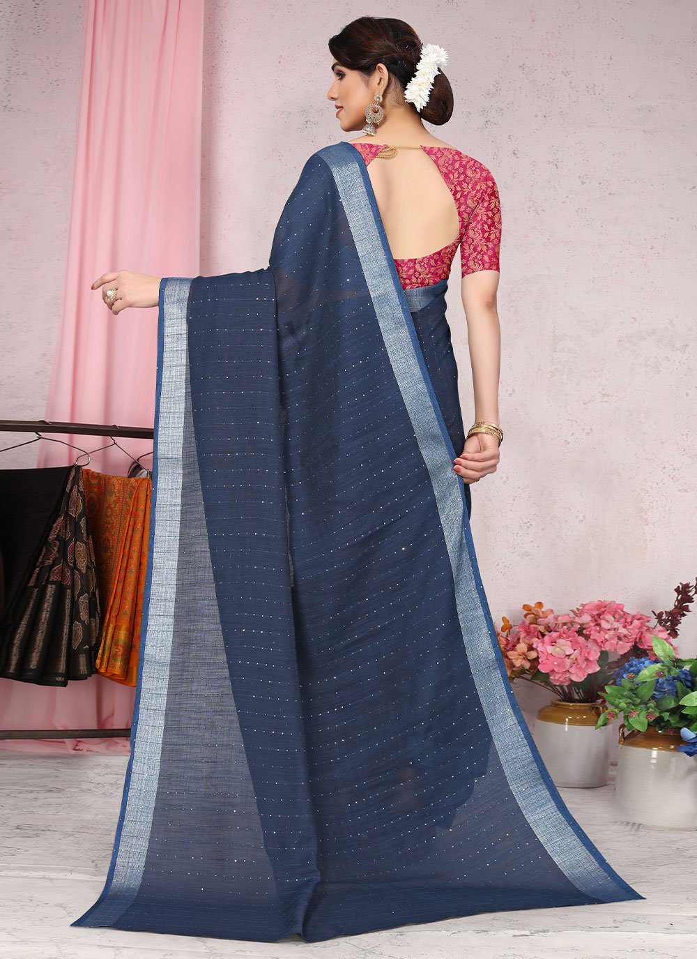 Classic Cotton Blue Plain Saree