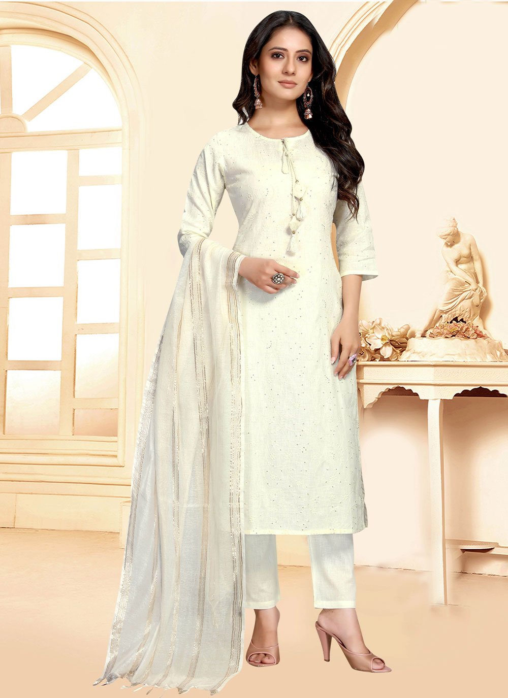 Salwar Suit Cotton White Embroidered Salwar Kameez